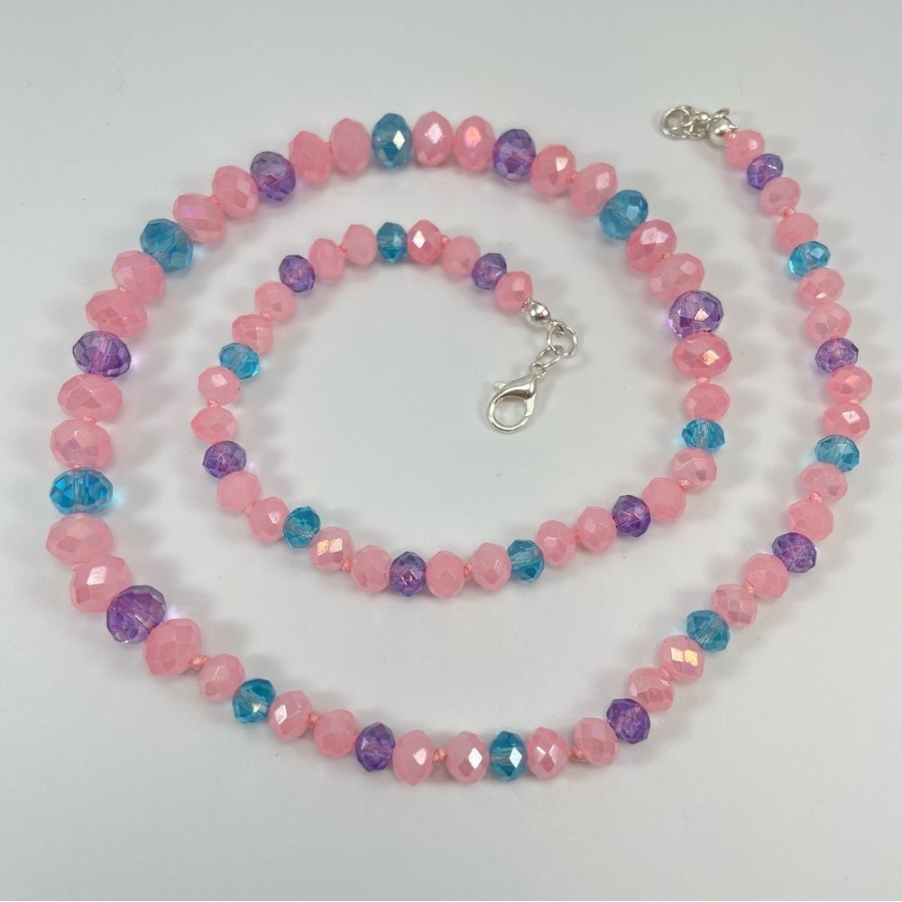 Artisan Made Handmade Barbie Pink Blue Purple Glass Beaded Knotted Necklace